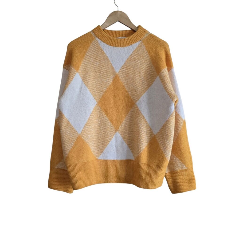 ZARA Yellow White Argyle Diamond Plaid Fuzzy Knit Pullover Sweater Womens Small